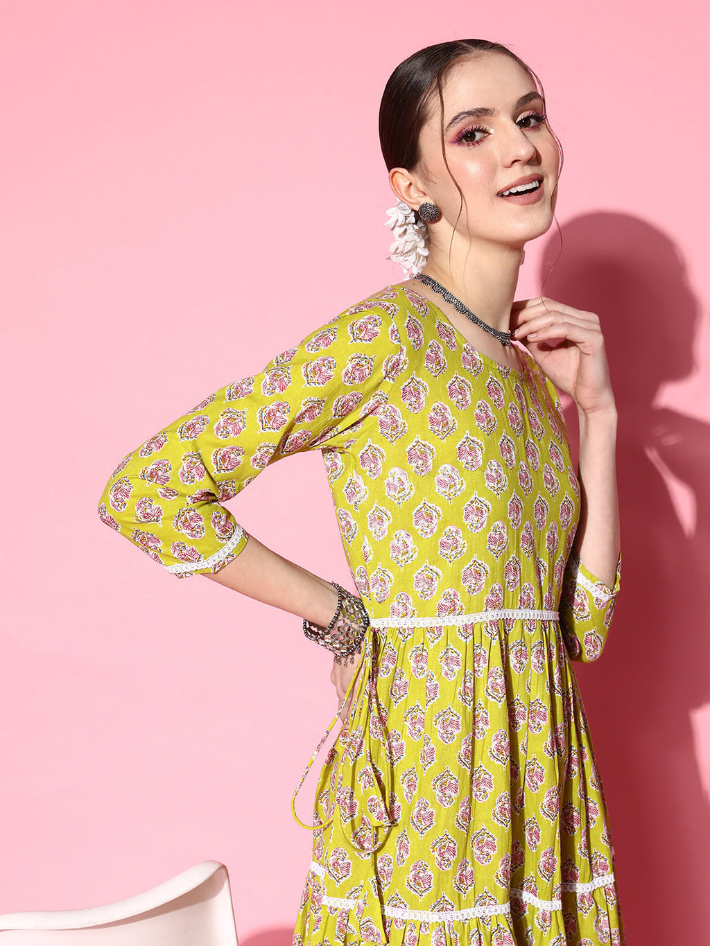 InWeave Women's Yellow Floral Print Tiered Dress With Lace - Distacart