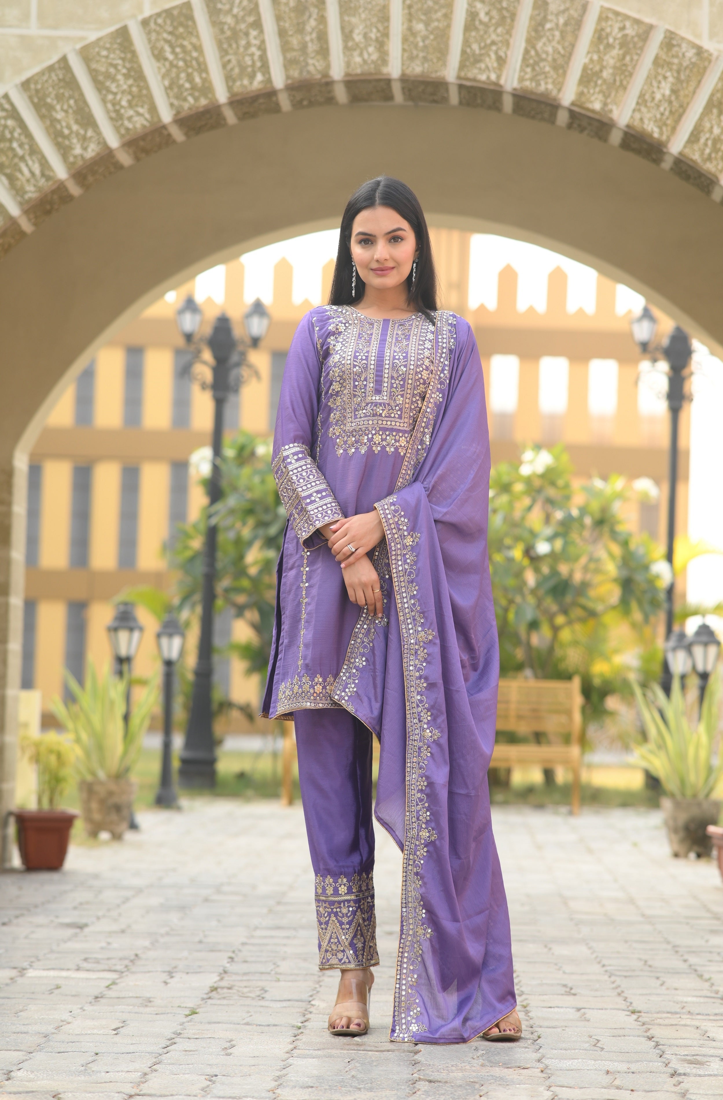 Teeya Creation Lavender Color Chinon Silk Heavy Embroidery Work Fully Stitched Salwar Suit