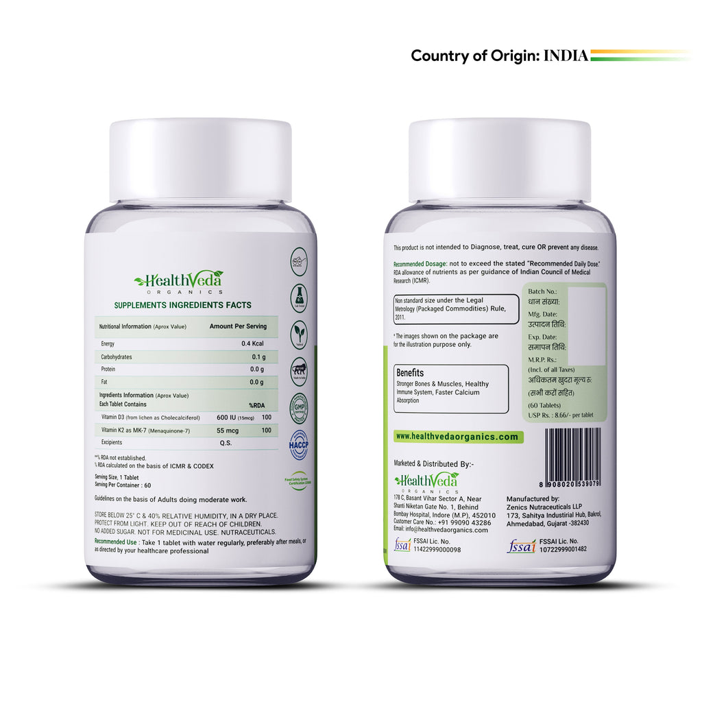 Health Veda Organics Vitamin D3 + K2 Healthy Bones Tablets - Distacart