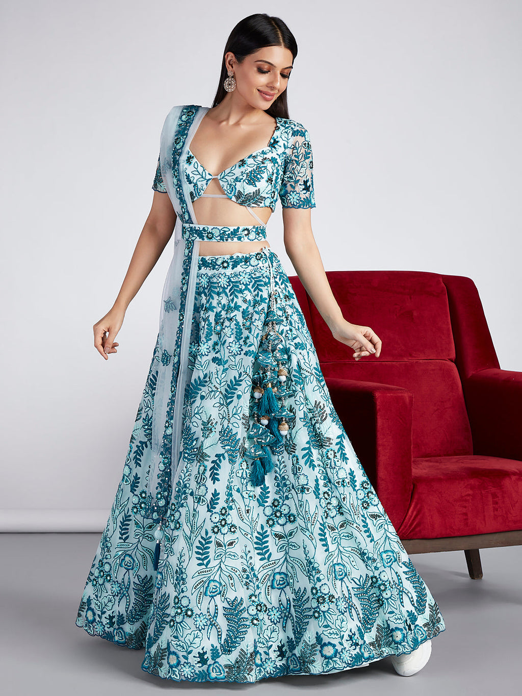 House of Panchhi Turquoise Blue Net Sequins, Mirror And Thread Embroidery Lehenga Choli & Dupatta