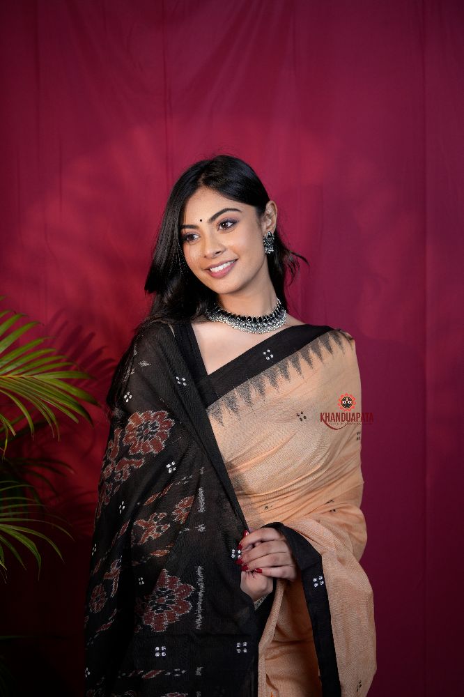 khanduapata Beige & Black Dot Design Cotton Saree For Women - Distacart