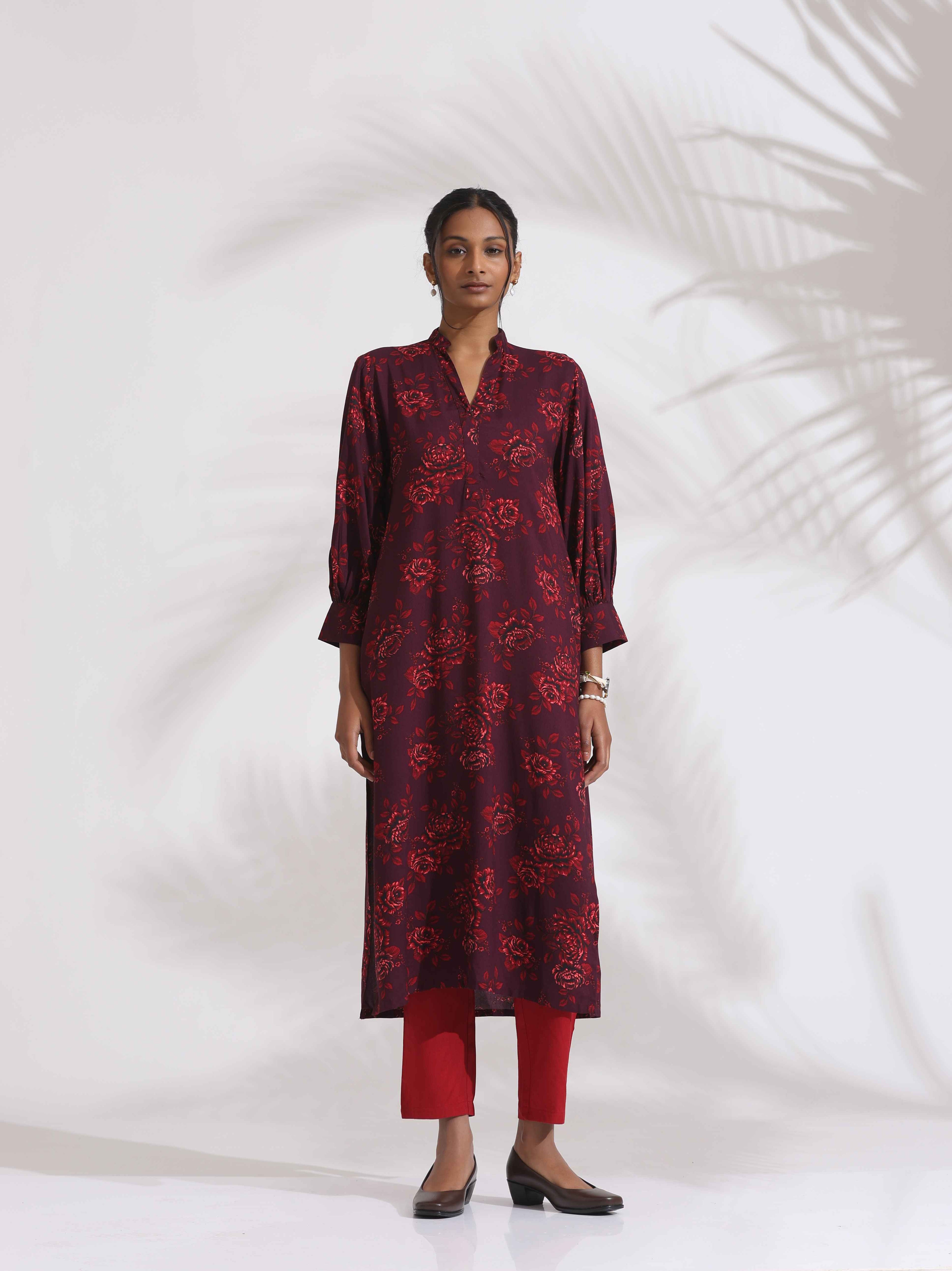 trueBrowns Purple Floral Print Kurta Set - Distacart