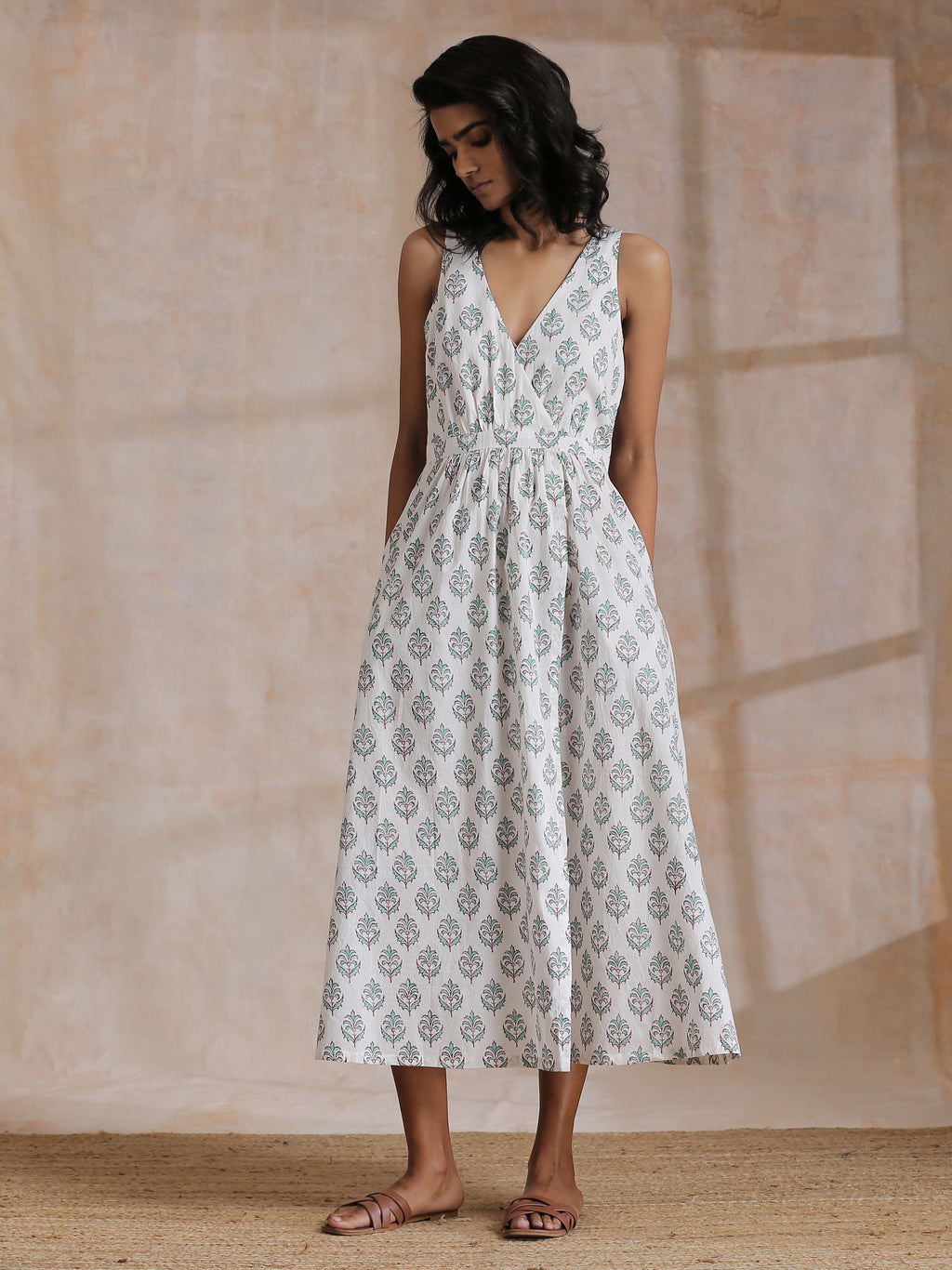 trueBrowns Green Buta On White Block Print Cotton Sleeveless Wrap Dress - Distacart