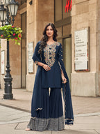 Evanik Women Navy Blue Floral Embroidered Kurta Sharara Dupatta Set - Distacart