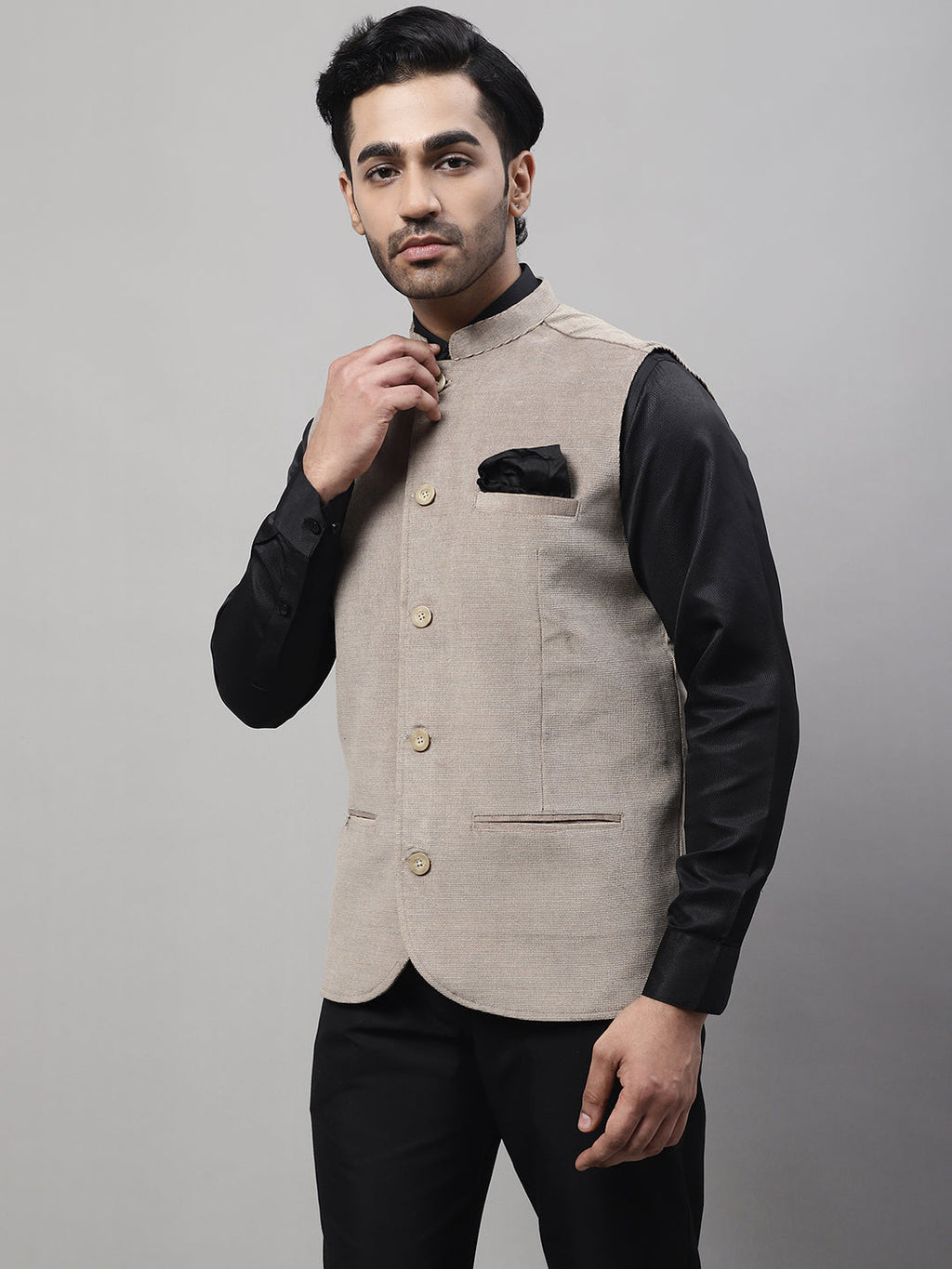 Even Apparels Men's Beige Nehru Jacket With Welt Pockets
