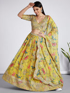 House of Panchhi Mustard Colour Organza Floral Design Digital Print Lehenga Choli & Dupatta