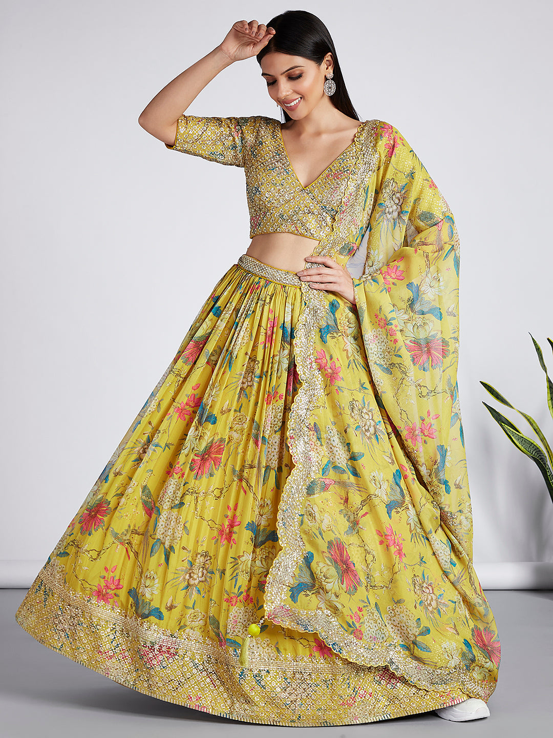 House of Panchhi Mustard Colour Organza Floral Design Digital Print Lehenga Choli & Dupatta