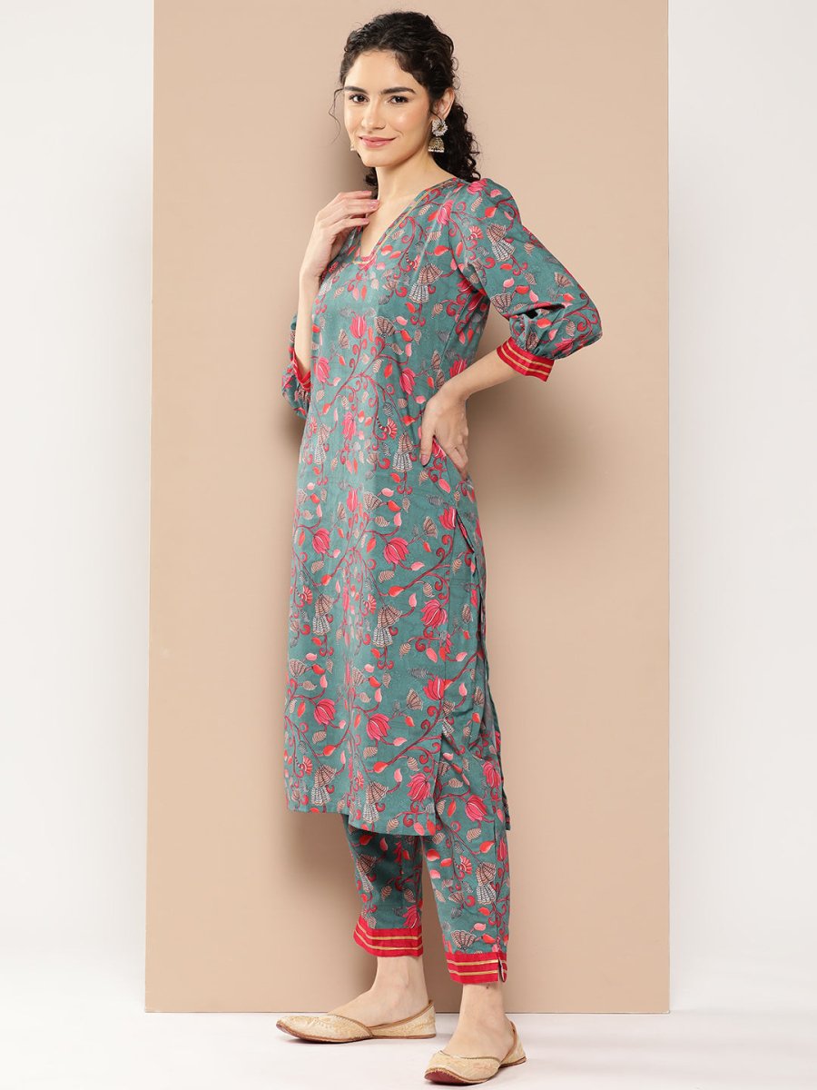 Ahalyaa Women Floral Printed Regular Gotta Patti Kurta with Trousers