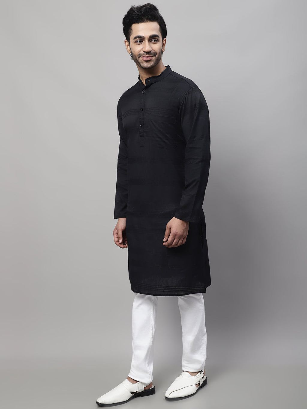 Even Apparels Black Pure Cotton Kurta With Band Collar