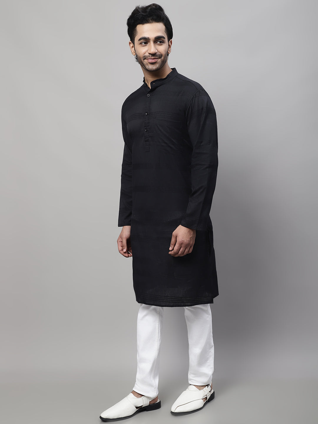 Even Apparels Black Pure Cotton Kurta With Band Collar