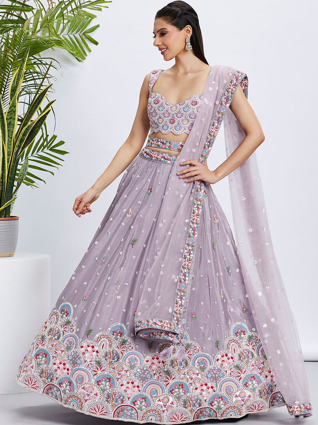 House of Panchhi Burgundy Pure Georgette Sequins And Thread Embroidery Lehenga Choli & Dupatta