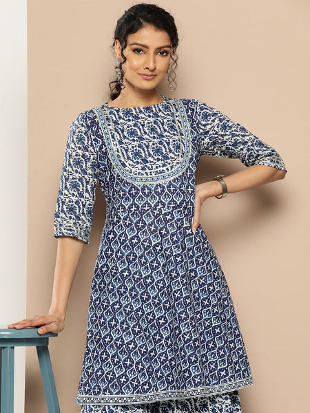 KSUT (House of Varanga) Indigo And White Floral Printed Flared Kurta Sharara Set