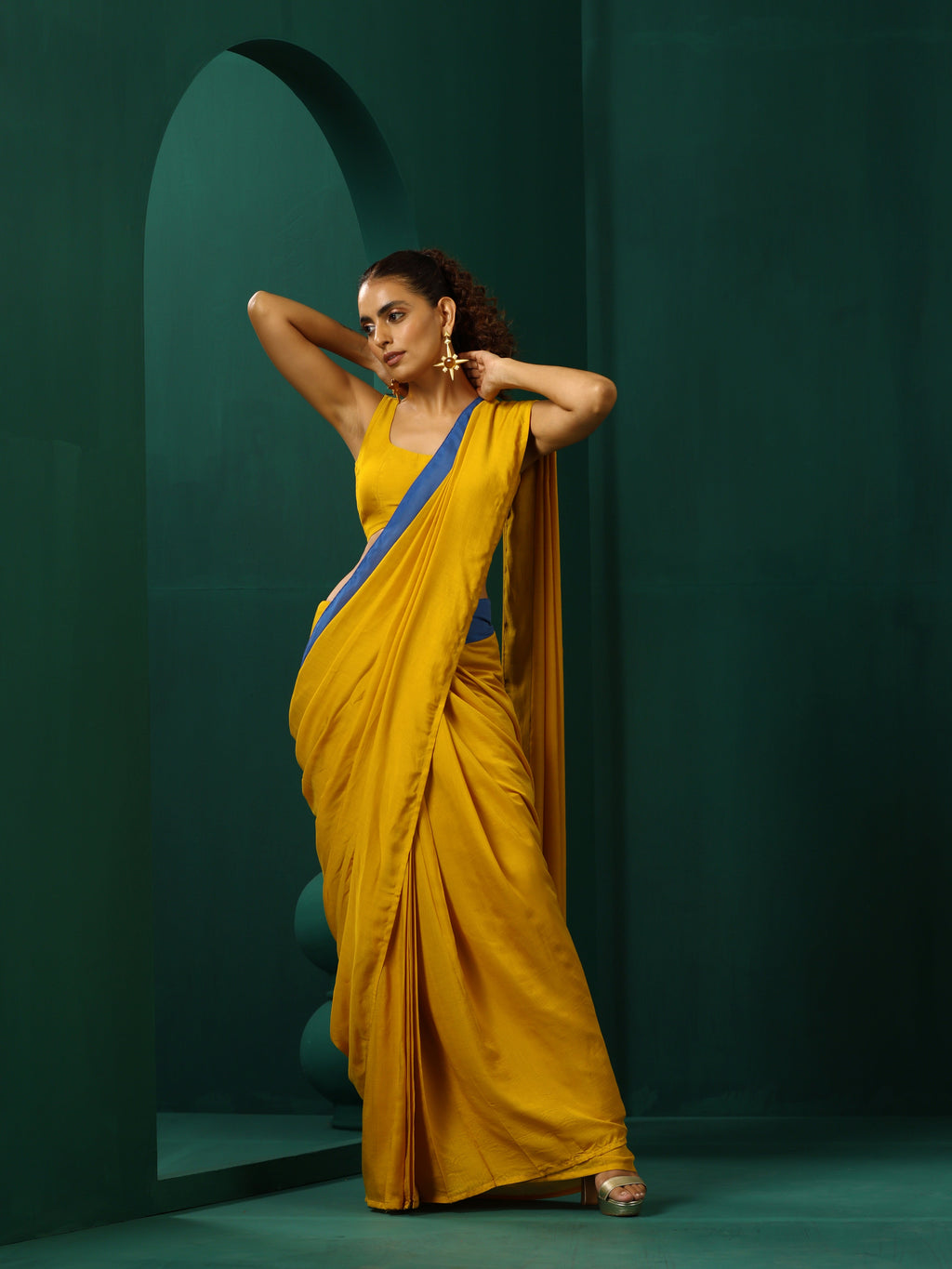 trueBrowns Mustard Muslin Silk Ready to Wear Saree