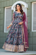 Anaita Grey Tabby Silk Stitched Anarkali Suit With Thread & Sequence Work - Distacart