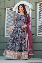 Anaita Grey Tabby Silk Stitched Anarkali Suit With Thread & Sequence Work - Distacart