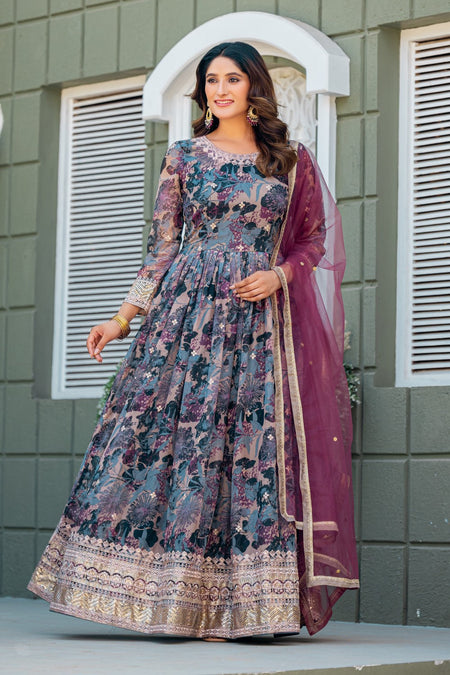 Anaita Grey Tabby Silk Stitched Anarkali Suit With Thread & Sequence Work