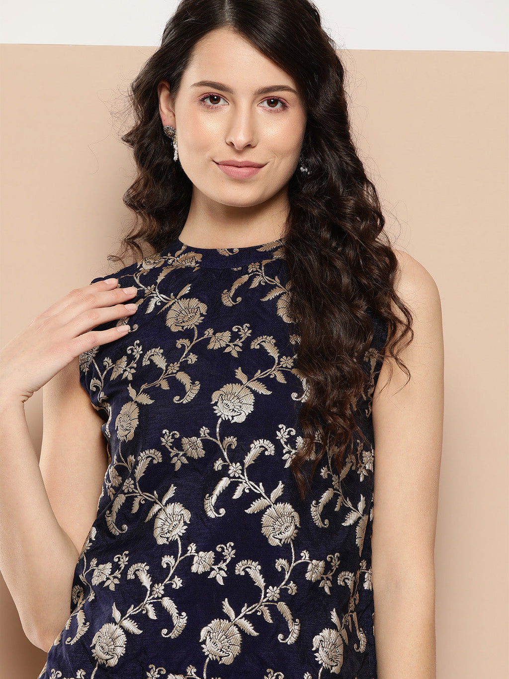 InWeave Women's Navy Blue Brocade Halter Top