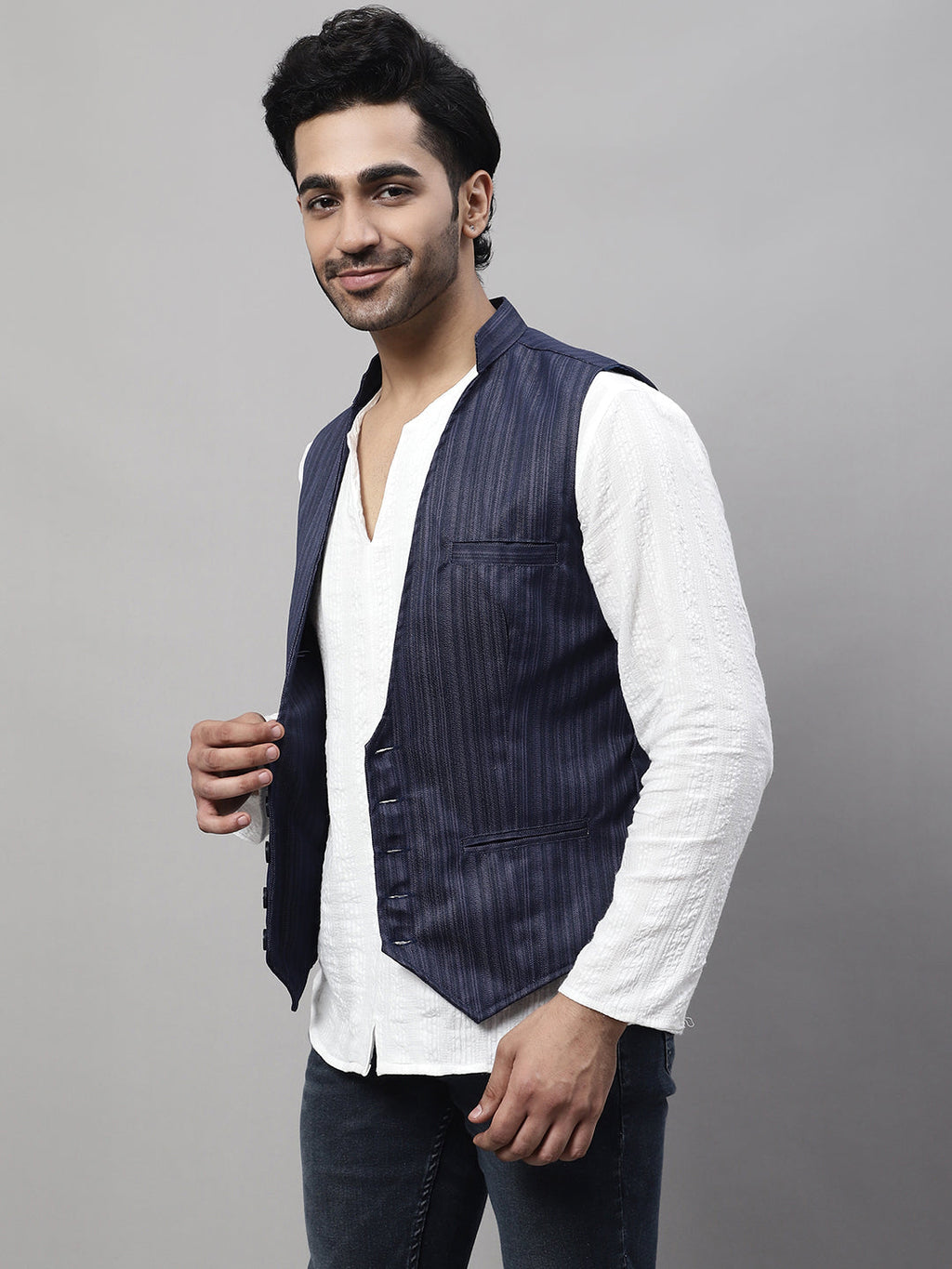 Even Apparels Men's Blue Nehru Jacket With Welt Pockets
