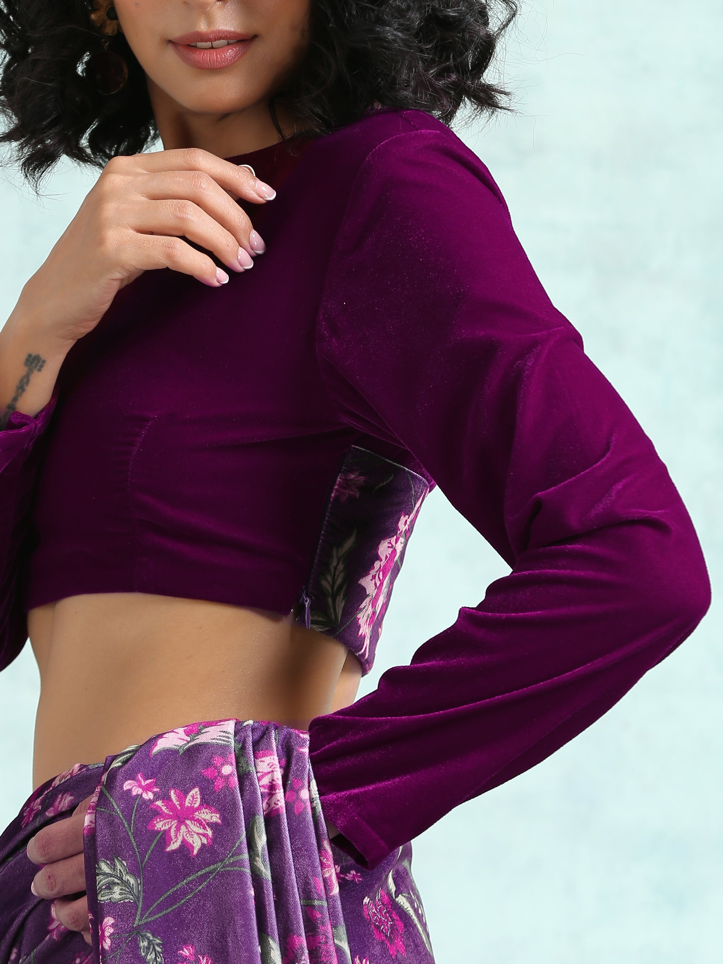 trueBrowns Wine Velvet With Print Detail Blouse