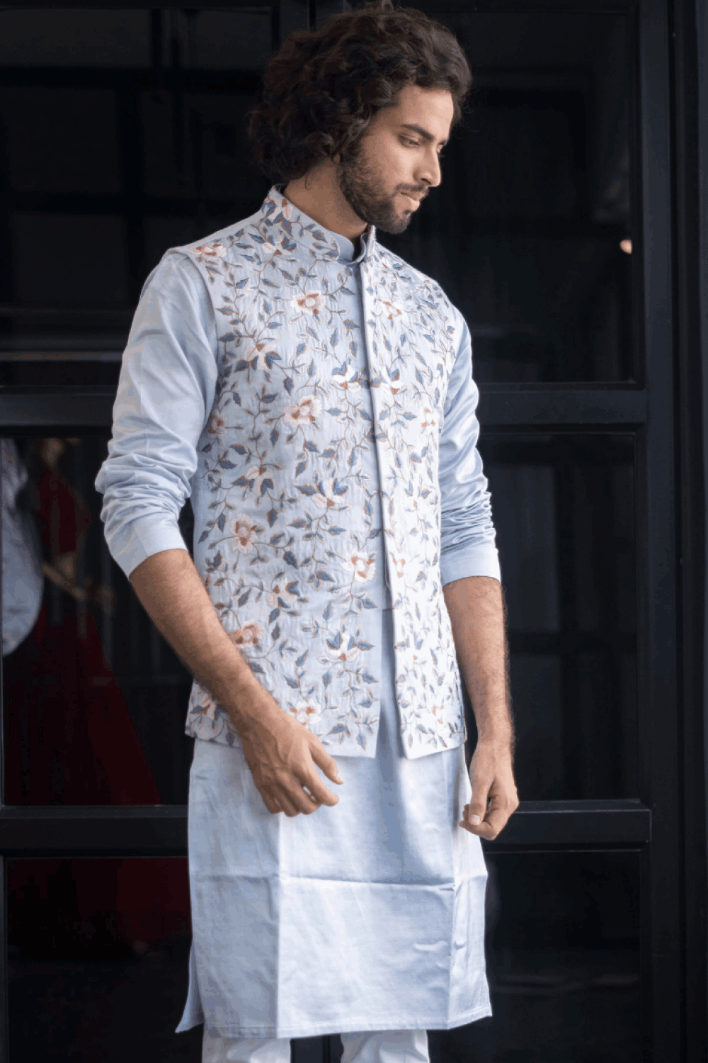 Powder Blue Designer Men's Nehru Jacket by Hilo Design
