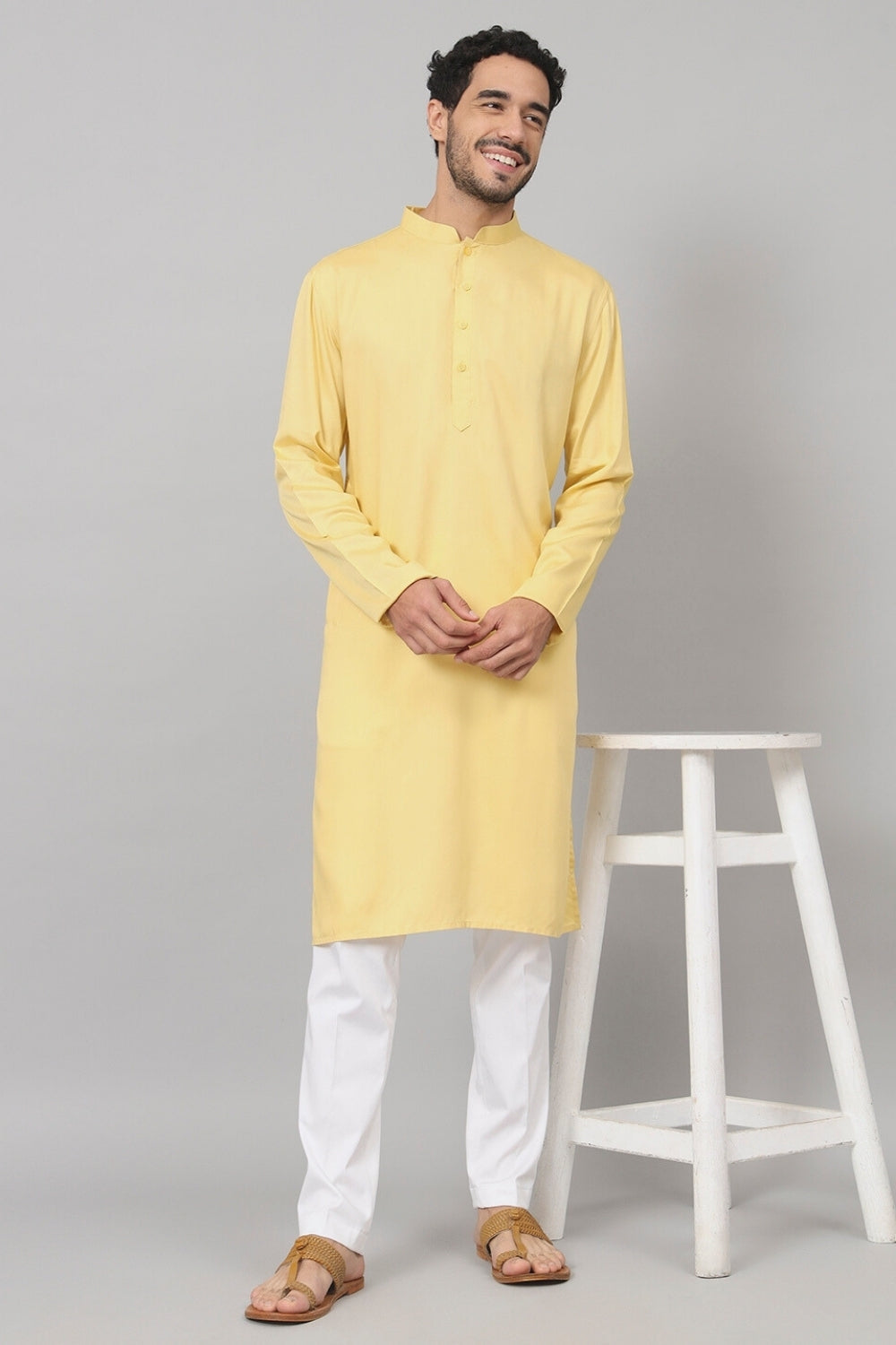 Giza Cotton Yellow Plain Kurta by Hilo Design