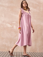 InWeave Dull Pink Linen Round Pleat Bow Dress - Distacart