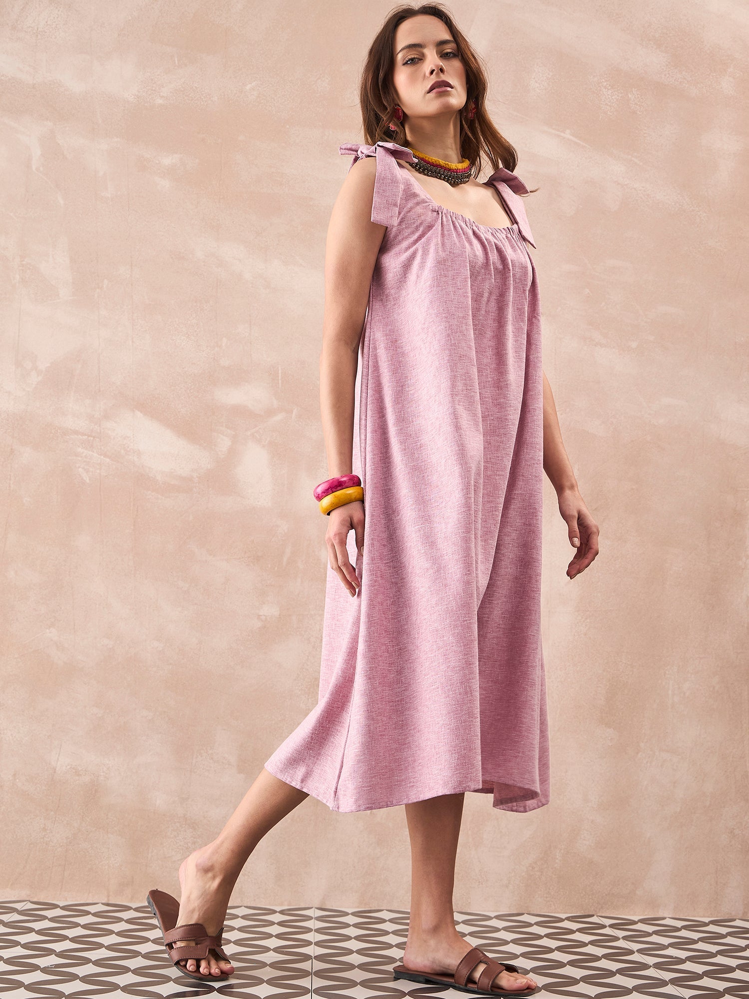InWeave Dull Pink Linen Round Pleat Bow Dress - Distacart
