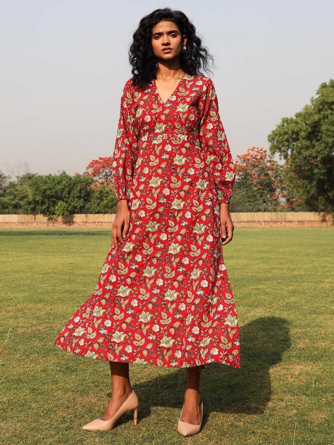 trueBrowns Red Cotton Block Print Backless Dress - Distacart