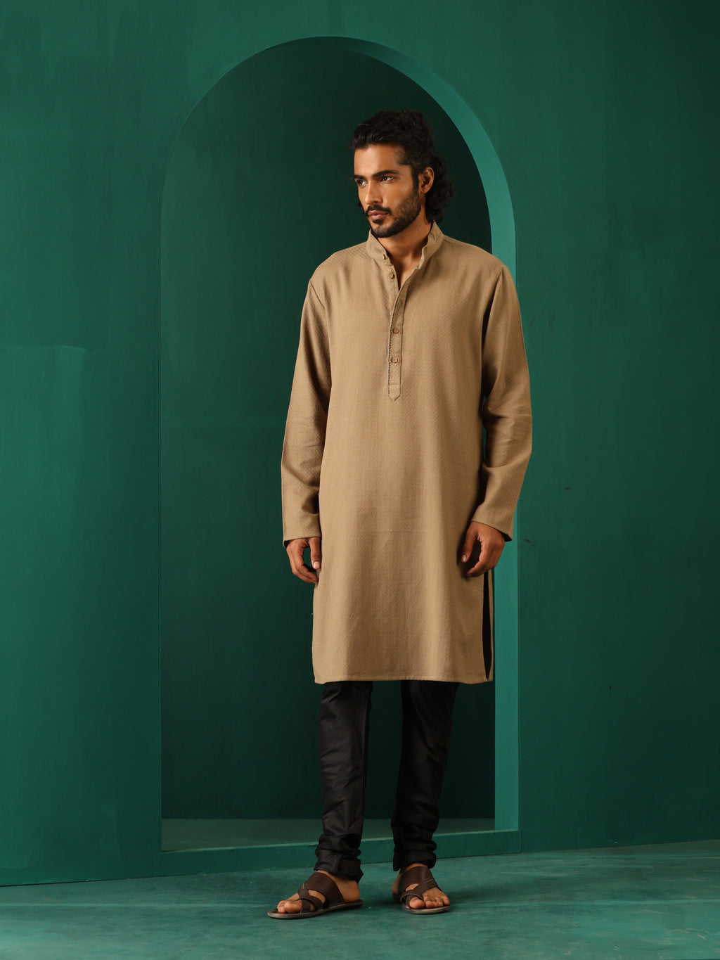 trueBrowns Men's Beige Dobby Textured Kurta