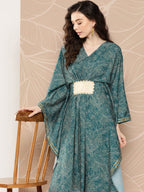 Ahalyaa Women Floral Printed Flared Sleeves Patchwork Belted Detail Crepe Kaftan Kurta - Distacart