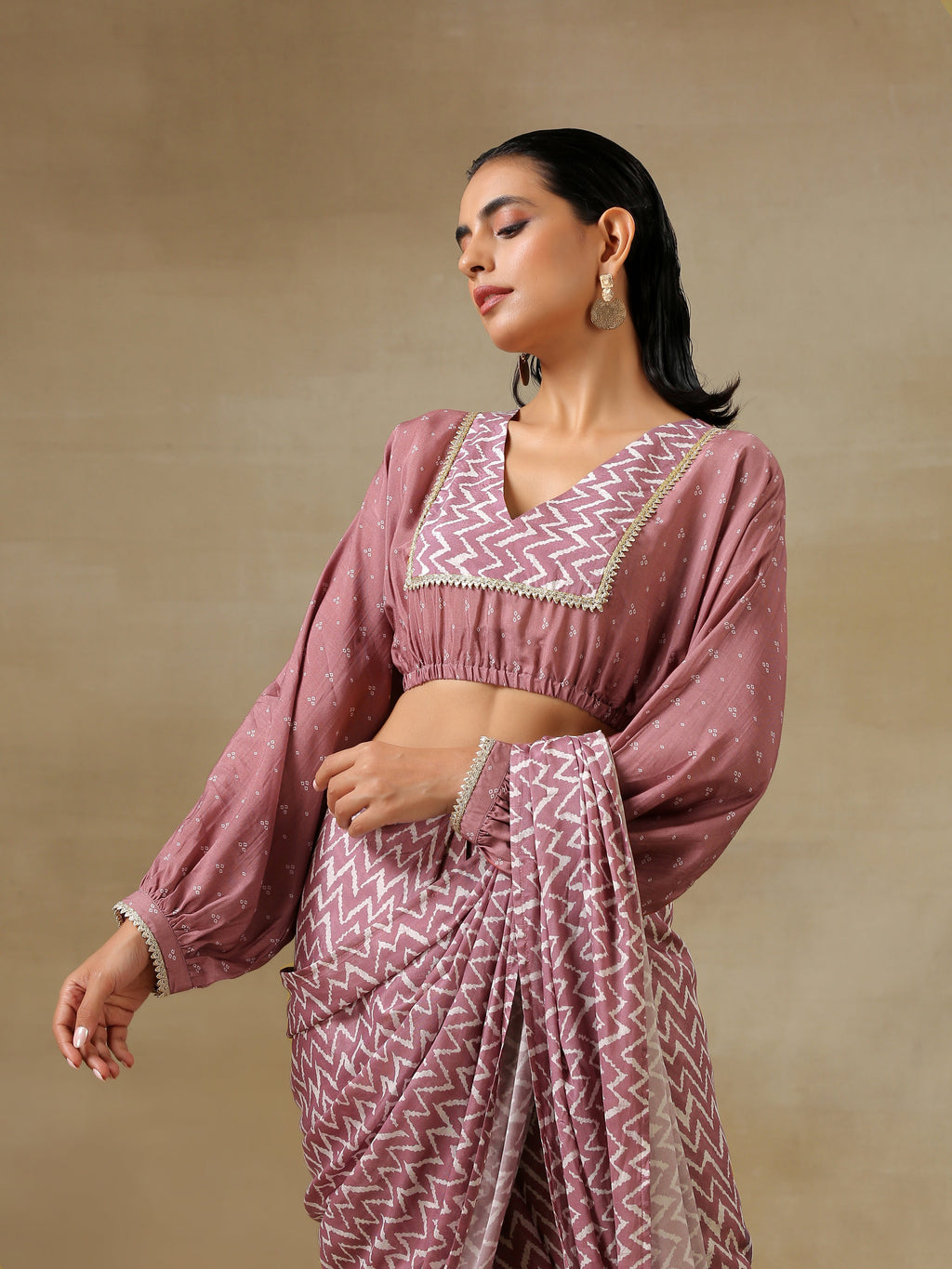 trueBrowns Dark Mauve Bandhani Printed Silk Elasticated Blouse
