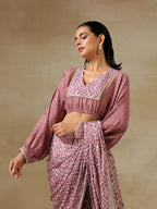 trueBrowns Dark Mauve Bandhani Printed Silk Elasticated Blouse