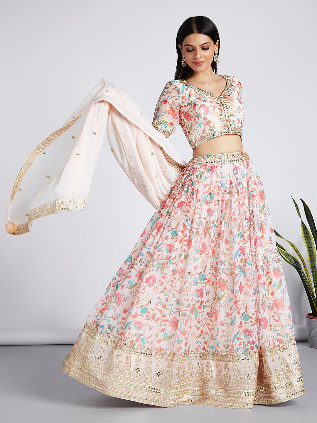 House of Panchhi Cream Colour Organza Floral Design Digital Print Lehenga Choli & Dupatta