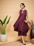 InWeave Women's Wine Solid Short Kurta Palazzo Set