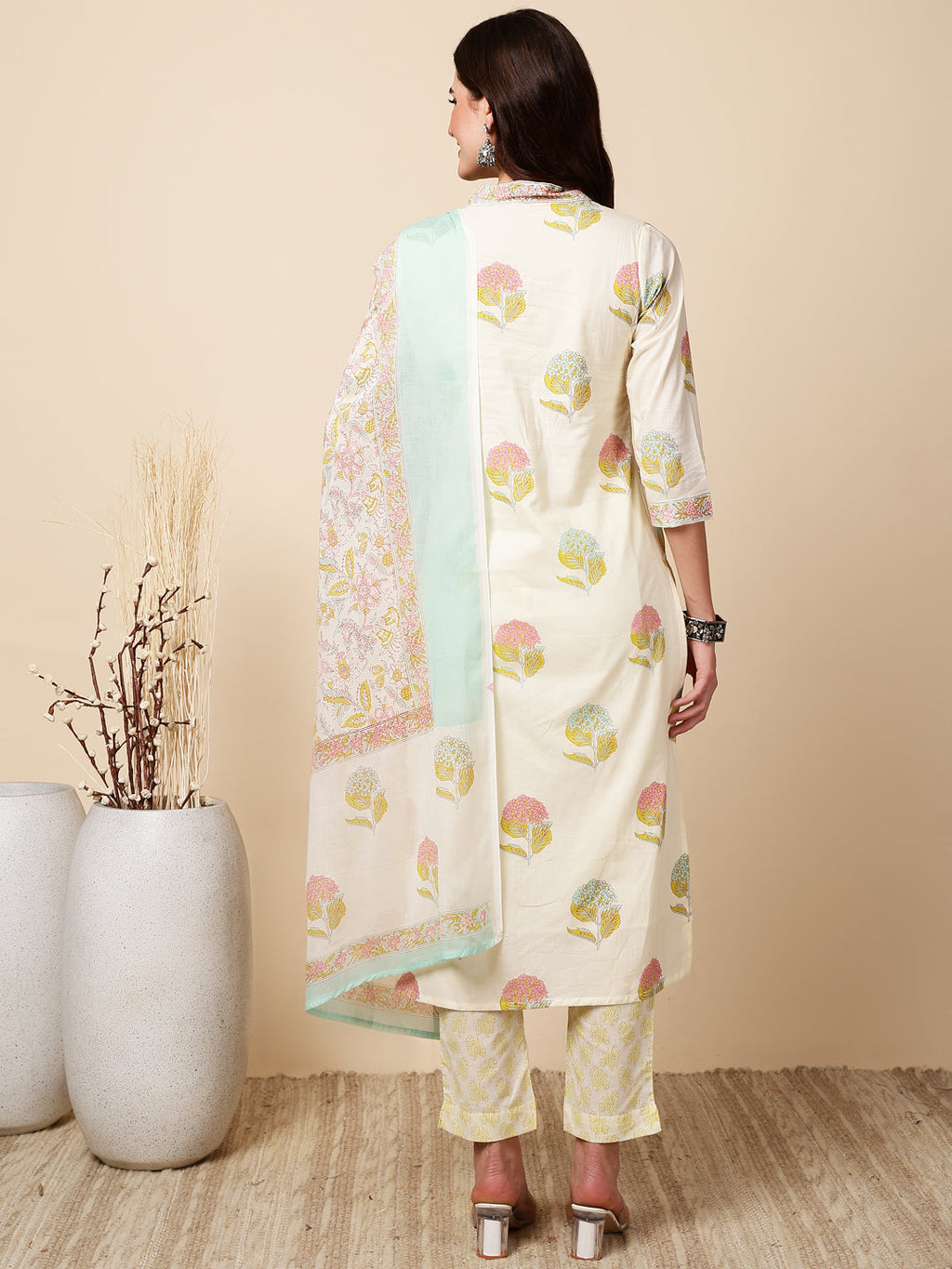 Antaran Cream Pure Cotton Floral Printed Kurta Pant And Dupatta Set - Distacart