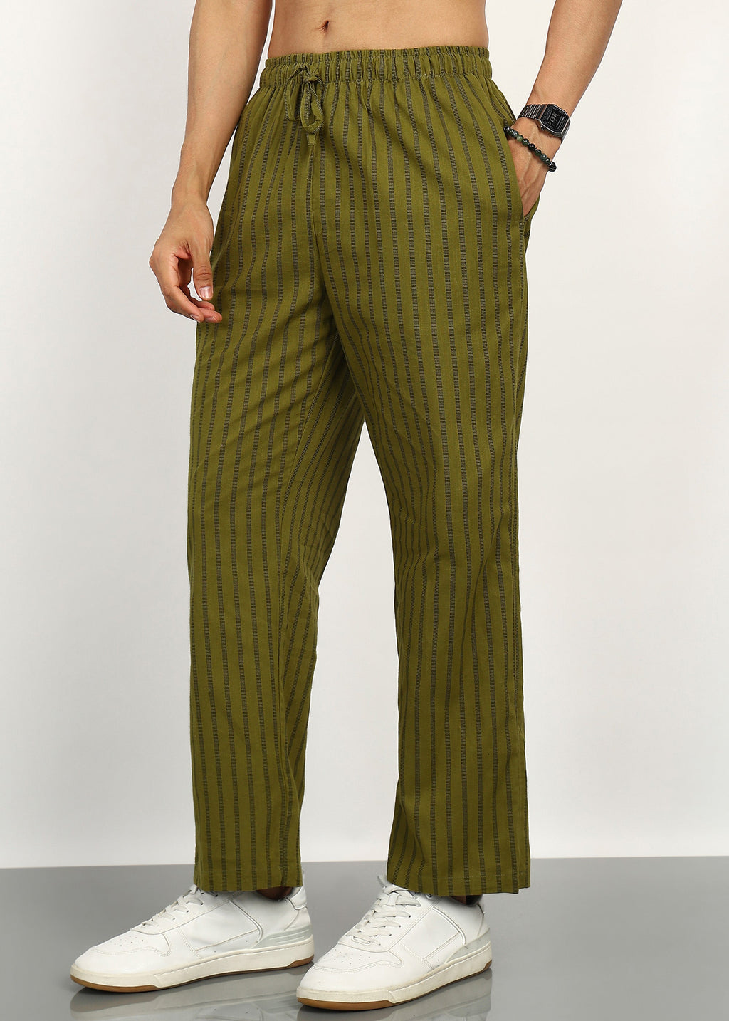 Fabmade Olive Stripe Linen Trouser