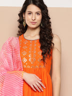 InWeave Women's Orange Mirror Work Aline Strappy Kurta Set W Pink Yellow Leh Dupatta
