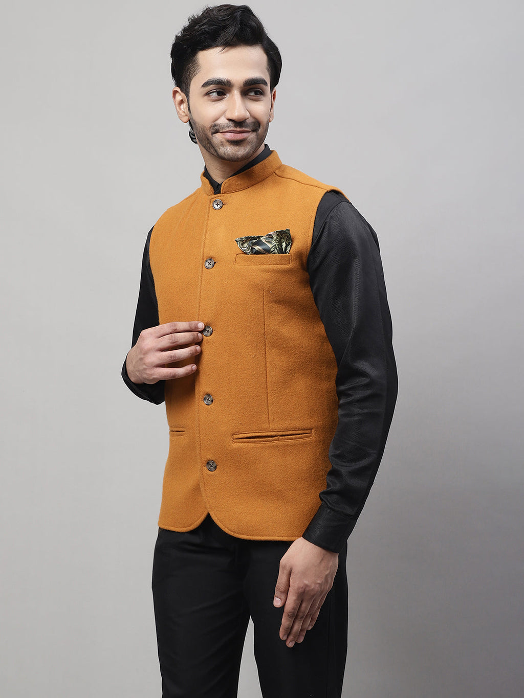 Even Apparels Men's Orange Pure Wool Nehru Jacket