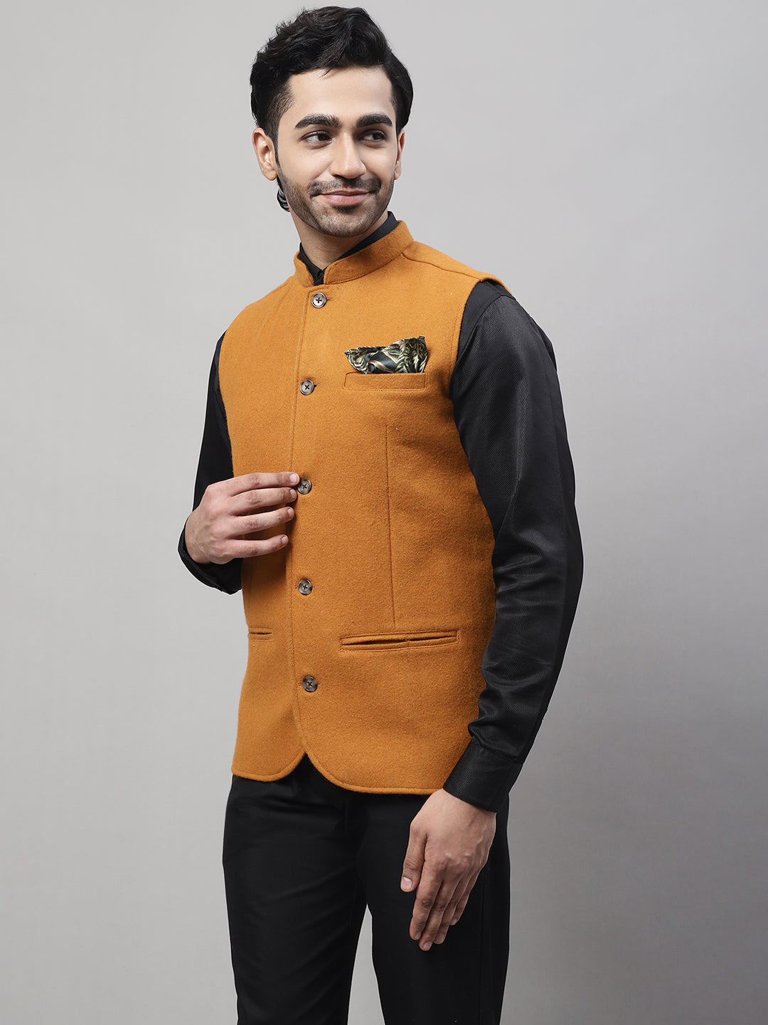 Even Apparels Men's Orange Pure Wool Nehru Jacket