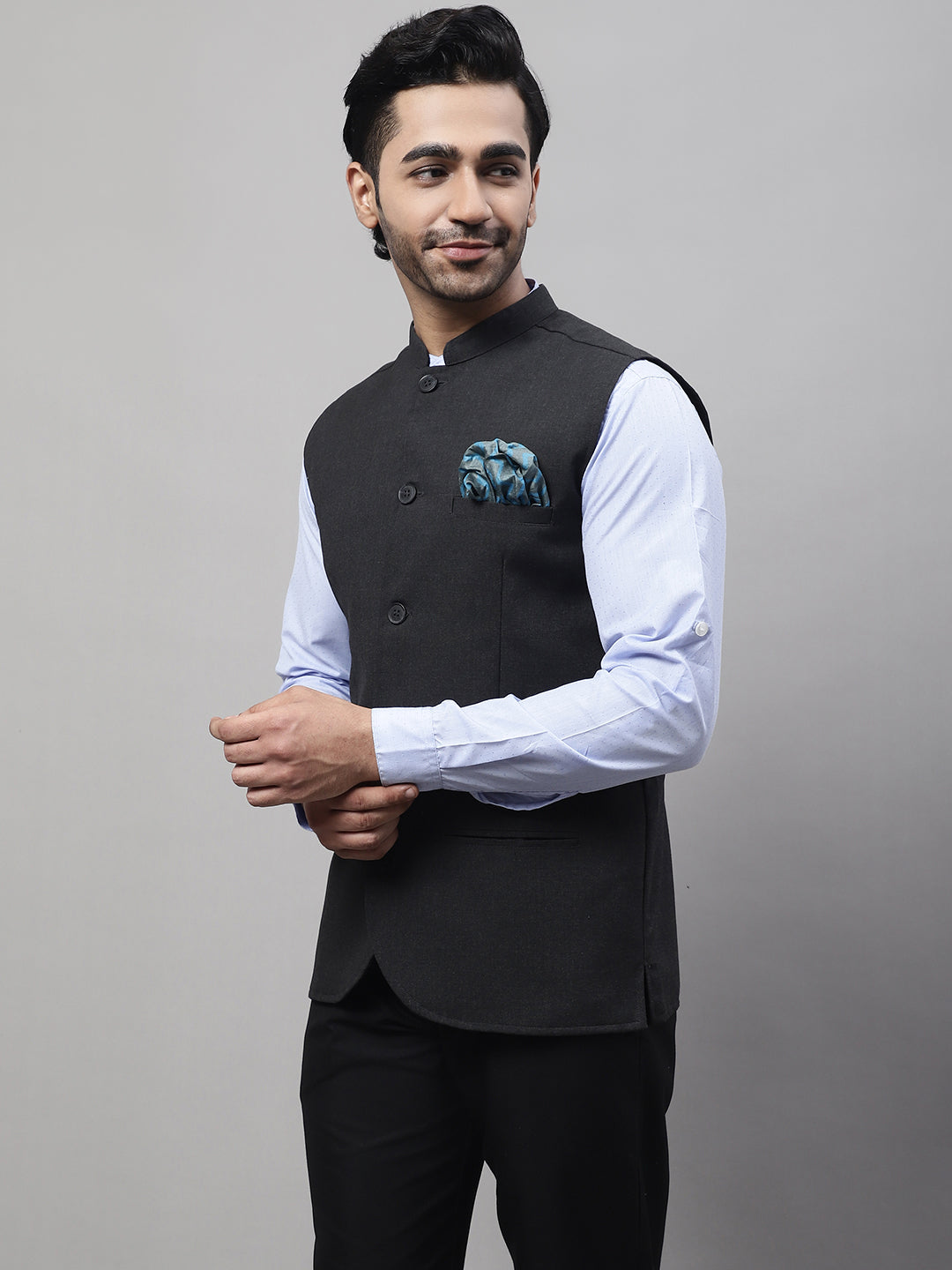 Even Apparels Men's Grey Nehru Jacket With Welt Pockets