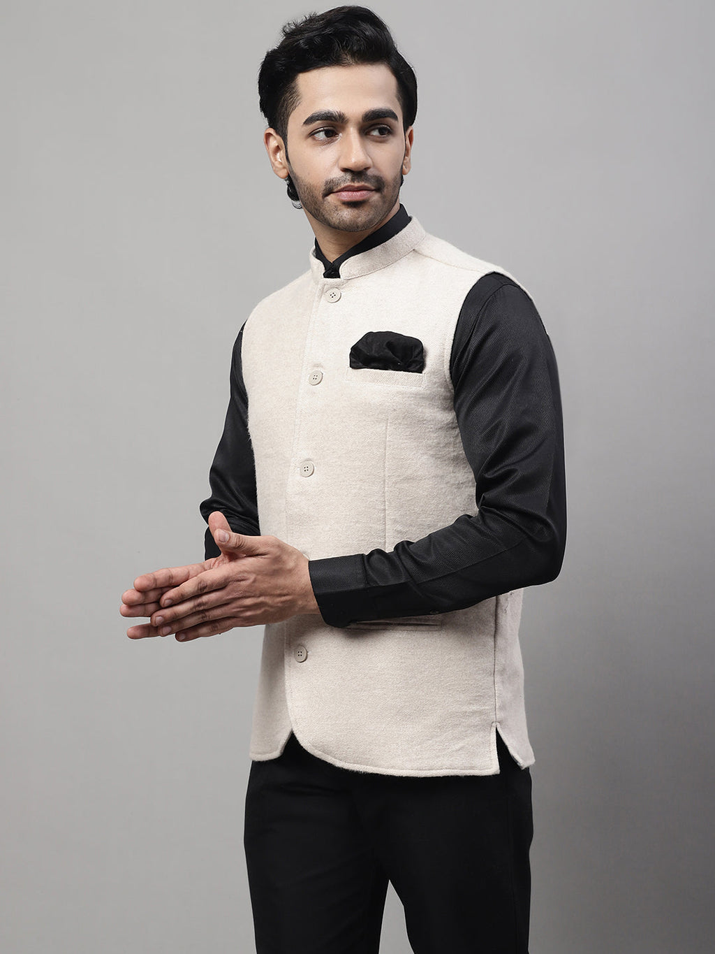 Even Apparels Men's Cream Pure Wool Nehru Jacket