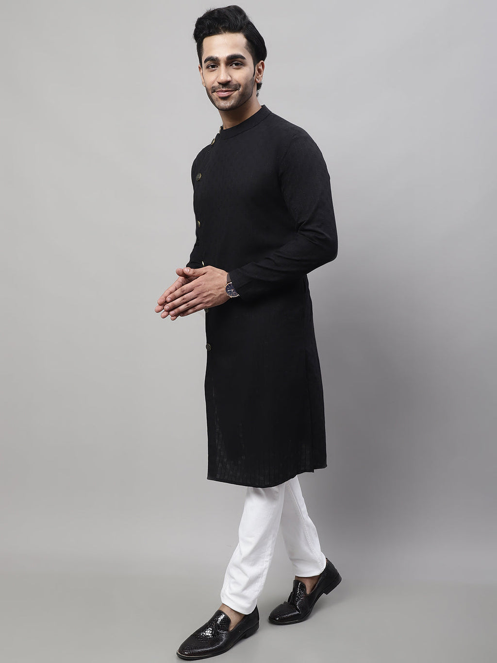 Even Apparels Black Pure Cotton Kurta With Band Collar