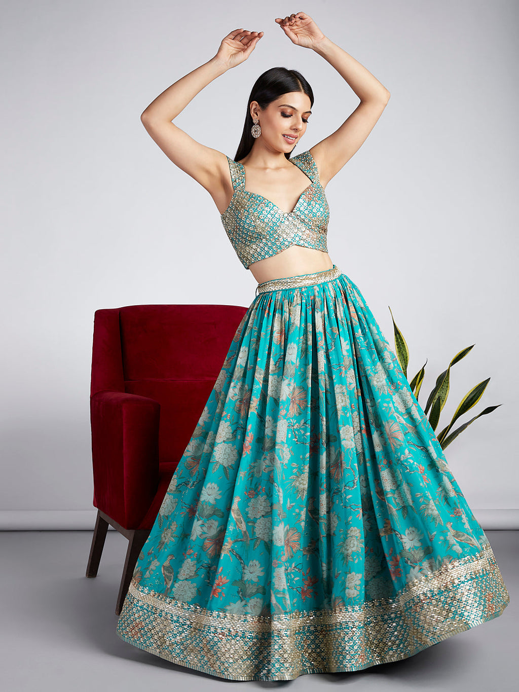 House of Panchhi Sea Green Colour Organza Floral Design Digital Print Lehenga Choli & Dupatta
