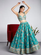 House of Panchhi Sea Green Colour Organza Floral Design Digital Print Lehenga Choli & Dupatta