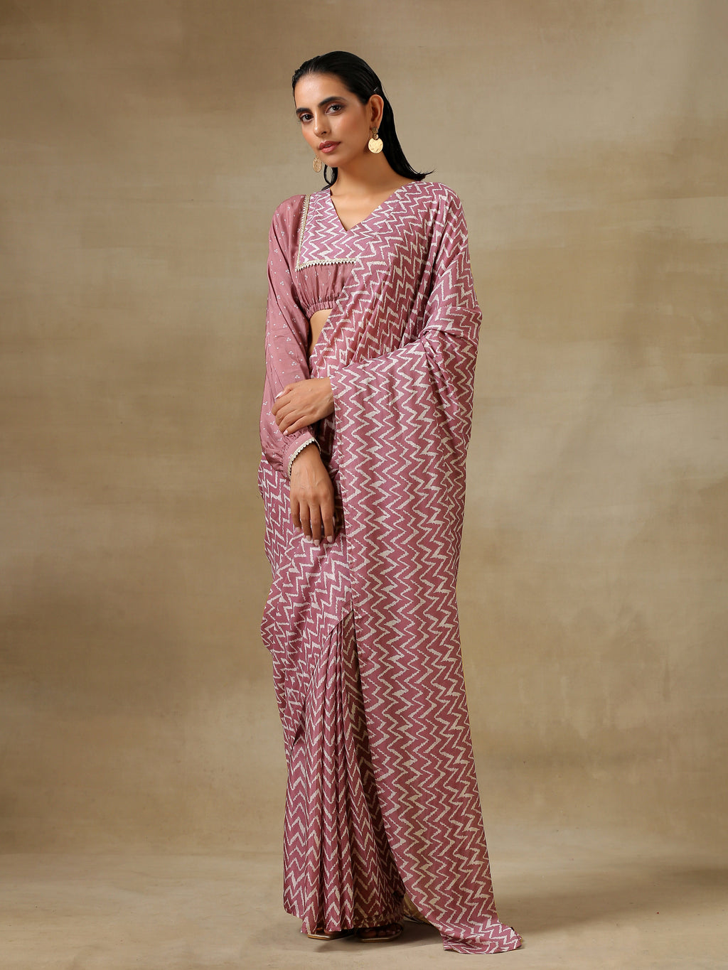 trueBrowns Dark Mauve Bandhani Printed SilkReady to Wear Saree