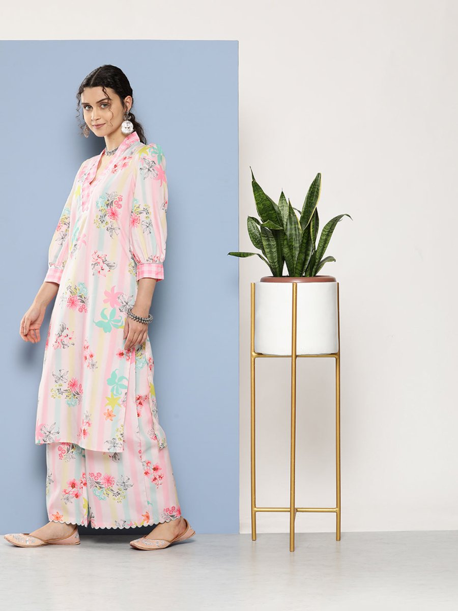 Ahalyaa Women Pink Floral Printed Gotta Patti Kurta with Palazzos