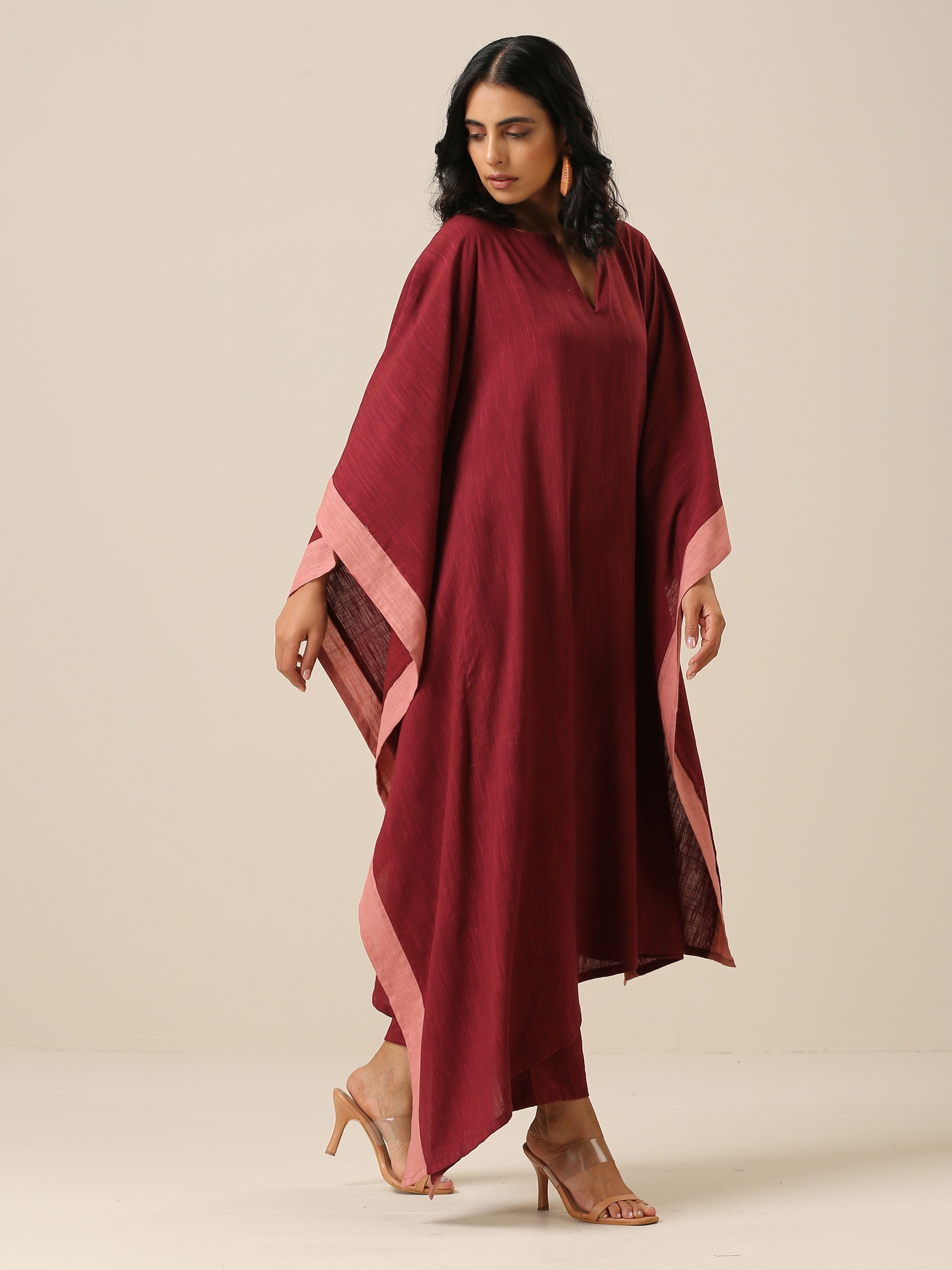 trueBrowns Ruby Wine Slub Texture High Low Kaftan Pant Set | Relove - Distacart