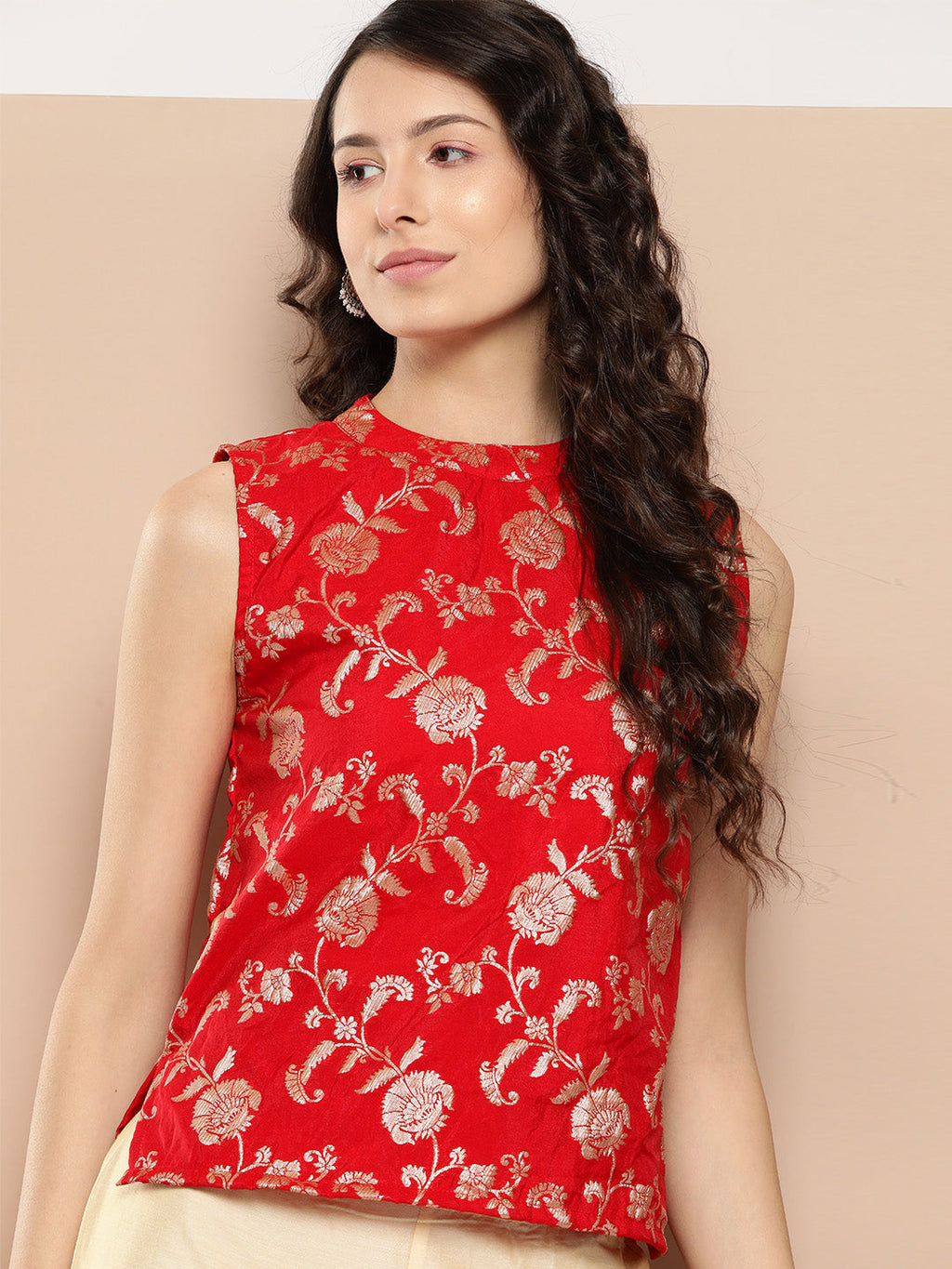 InWeave Women's Red Brocade Halter Top