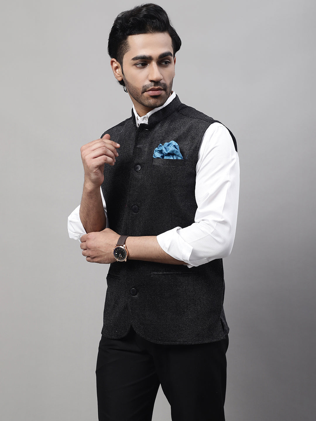 Even Apparels Men's Black Nehru Jacket With Welt Pockets