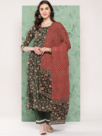 InWeave Women's Green Floral Motif Nyra Kurta Set With Dupatta
